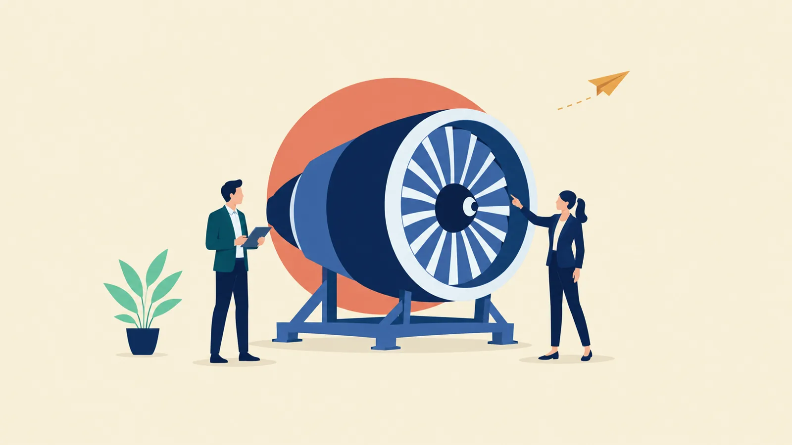 Flat-vector editorial illustration: two executive figures reviewing an oversized aircraft engine on a cream background, with a paper airplane and a plant as accents.