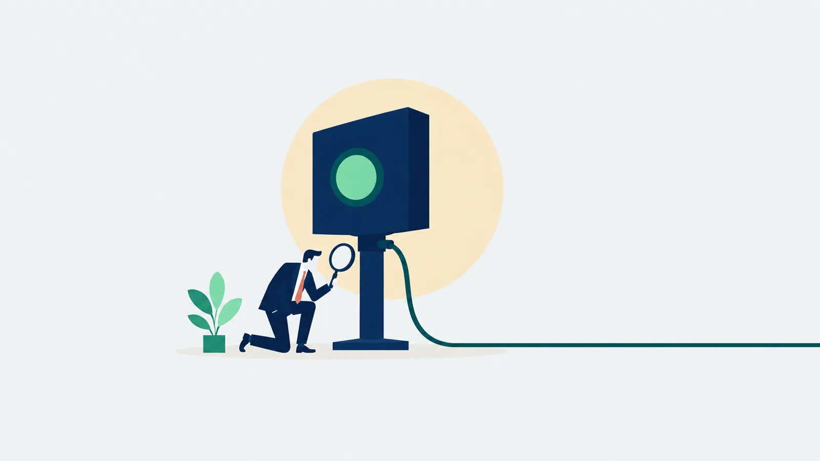 A small figure in a navy suit kneels beside an oversized dashboard panel with a green status light, using a magnifying glass to inspect where its cable connects, with a small plant nearby.