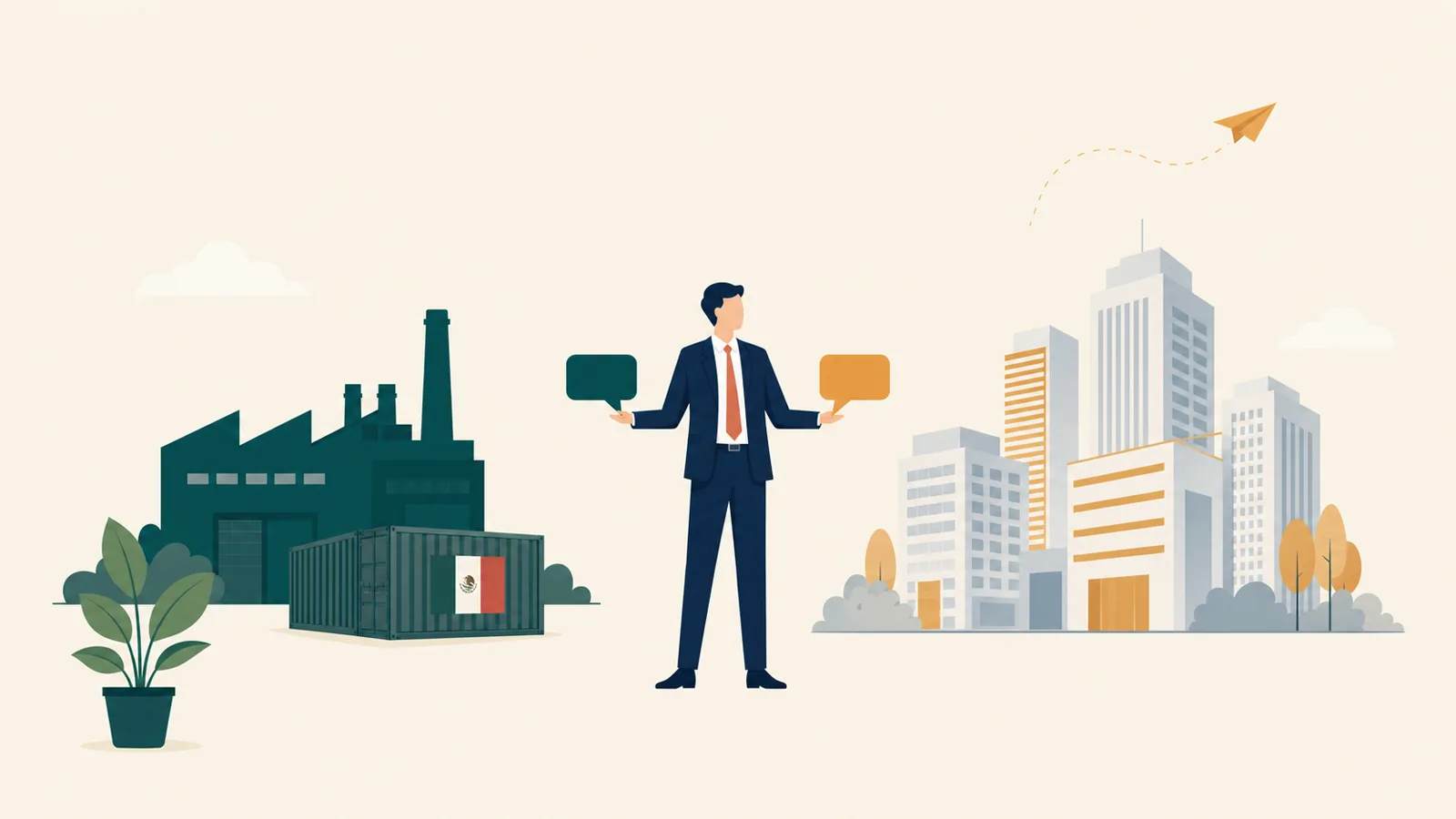 Editorial illustration of an executive bridging two industrial plants with a bilingual dialogue