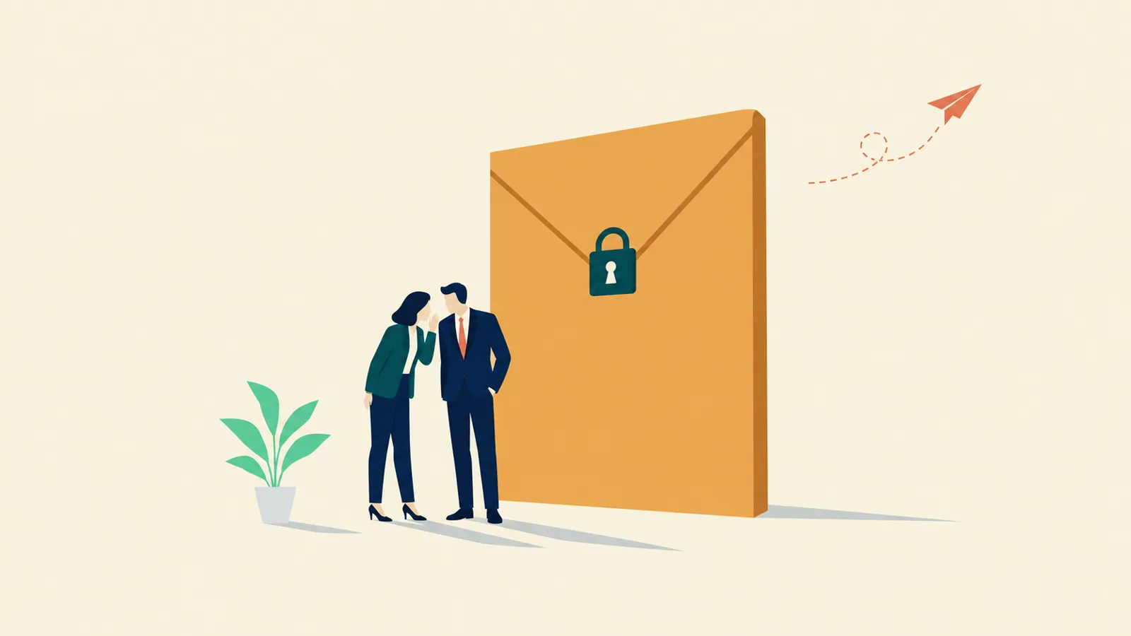 Ilustración editorial en vector plano: dos figuras conversan en voz baja junto a un sobre sellado de gran tamaño con un pequeño candado, sobre fondo crema, con una planta y un avión de papel como acentos.