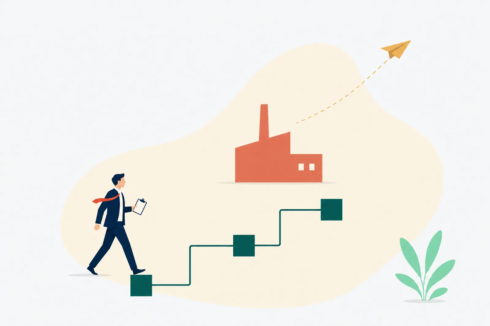 Ilustración editorial en vector plano: un líder industrial camina por una ruta escalonada con tres puntos de revisión anual, silueta de planta y un pequeño avión de papel al fondo.