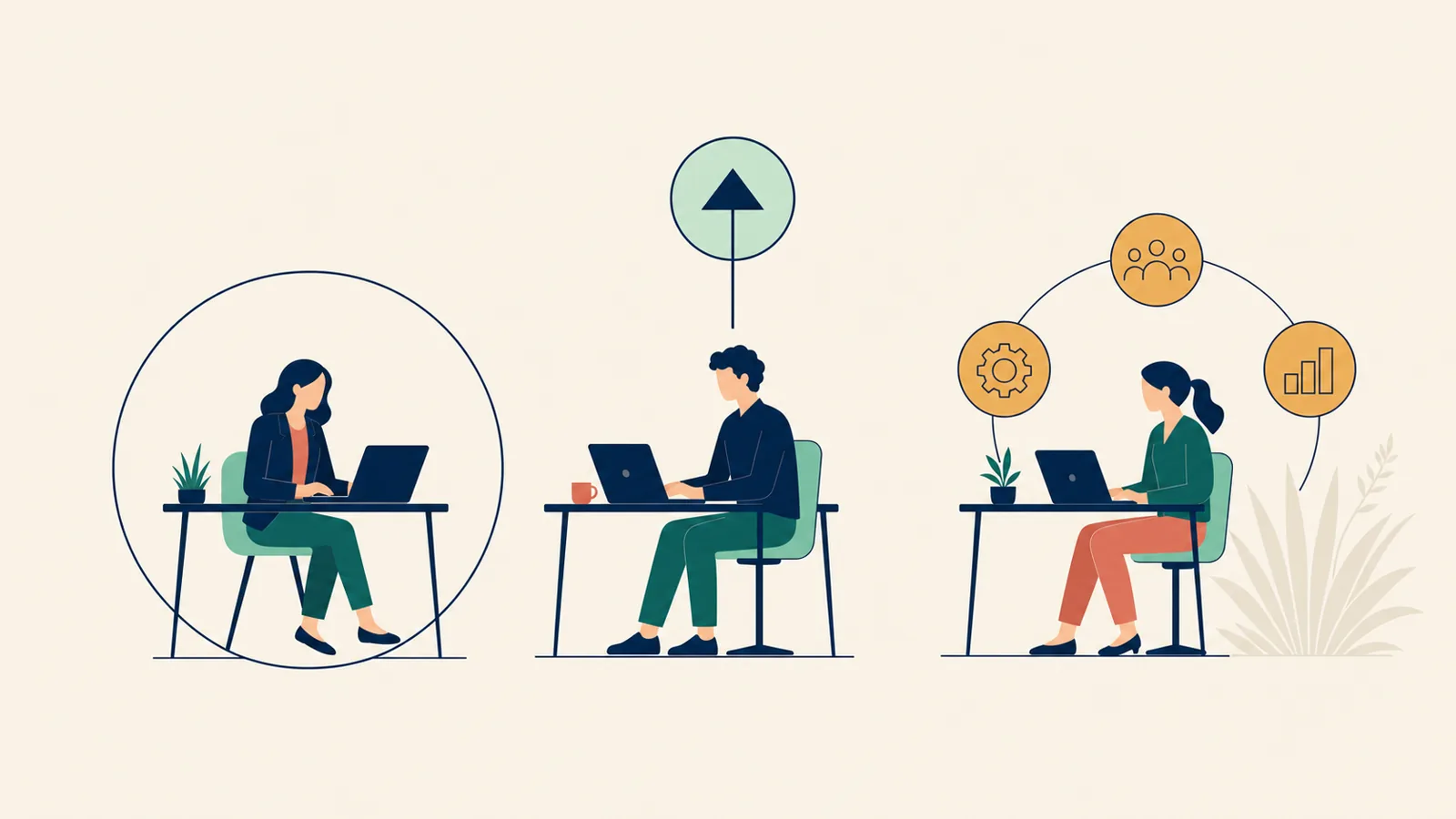Editorial illustration of three business figures at identical desks in different contexts — one inside a self-contained frame, one with a reporting line into a parent entity, and one connected to a set of operating domains — illustrating that CEO, Managing Director, and General Manager in Mexico describe different governance contexts, not different weight classes.