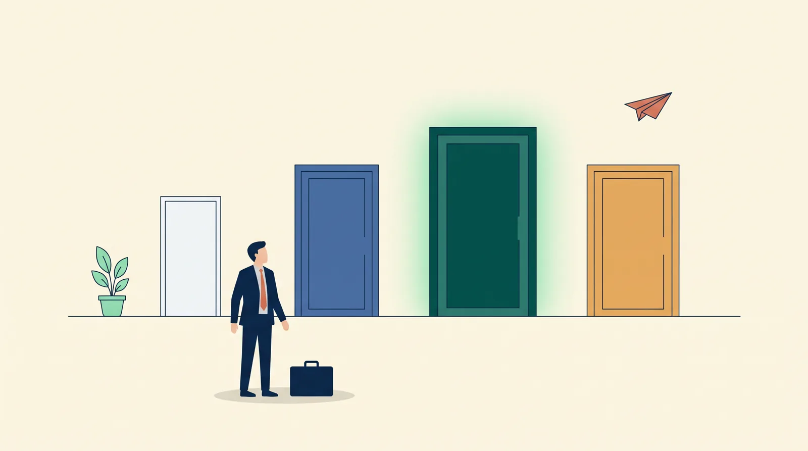 Flat-vector editorial illustration: four doorways of different sizes in a row, a small buyer figure standing before them — the largest doorway represents retained search, the smallest in-house recruiting, with a plant and paper airplane in the negative space.