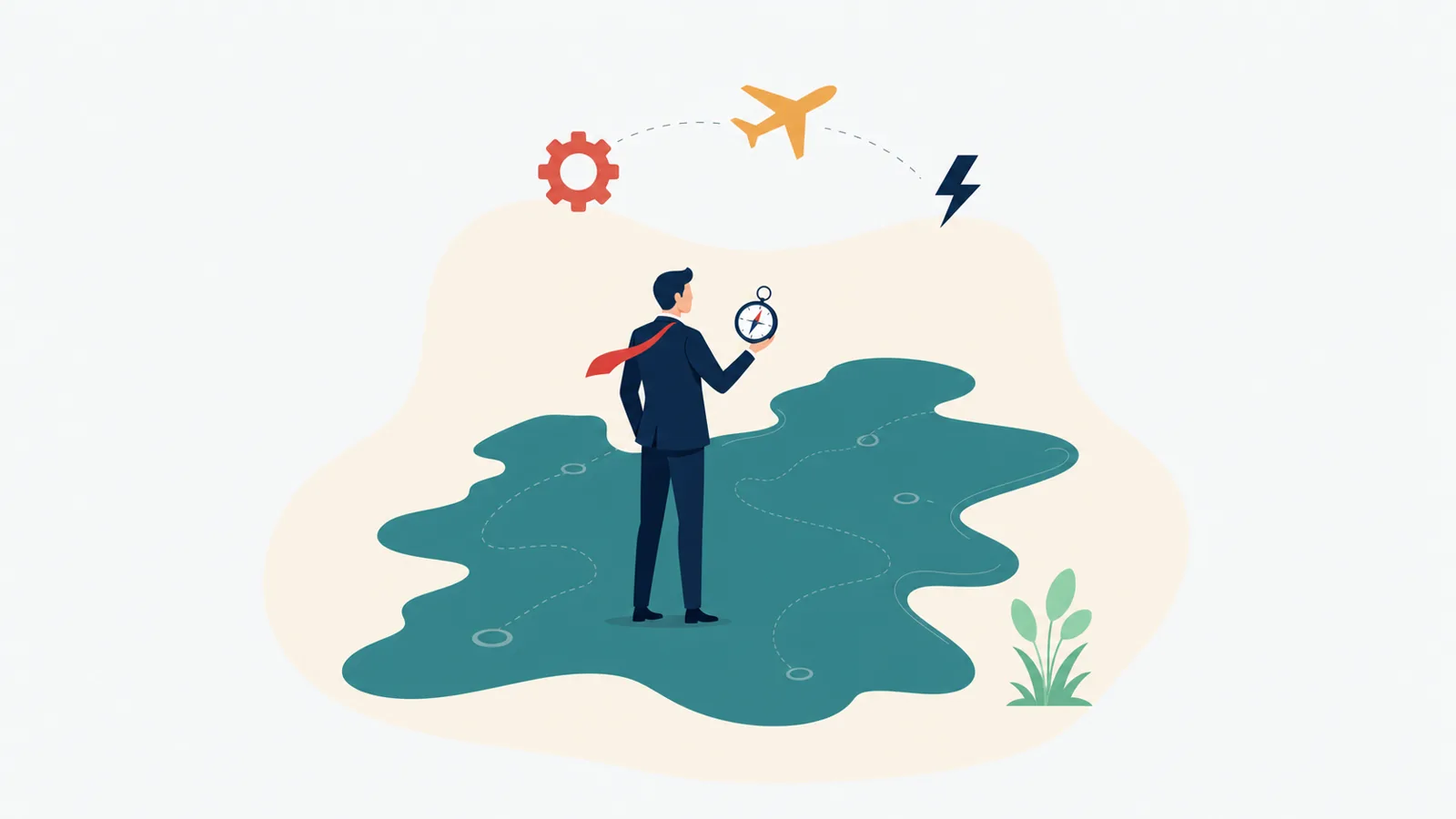 Flat vector editorial illustration of an executive figure over a stylized map of Mexico's Bajío corridor with nodes representing automotive, aerospace, and electrical plants.
