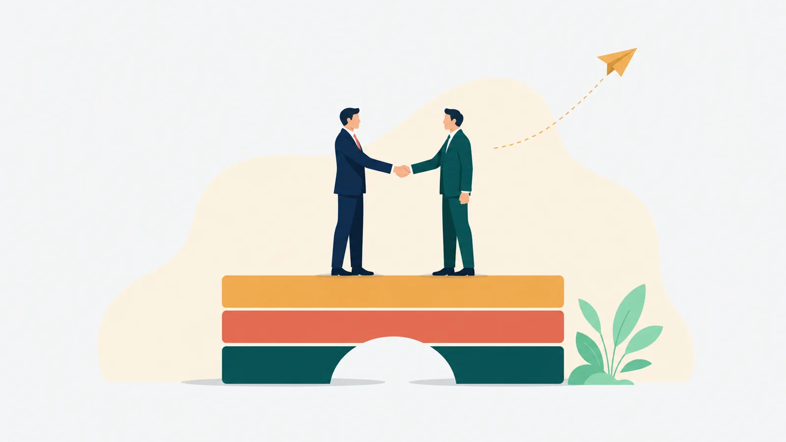 Flat vector editorial illustration of a US executive on the left and a Mexico-based partner on the right shaking hands across a small stylized bridge that also reads as a stacked calendar-and-checklist, with a small paper airplane and plant in the negative space.