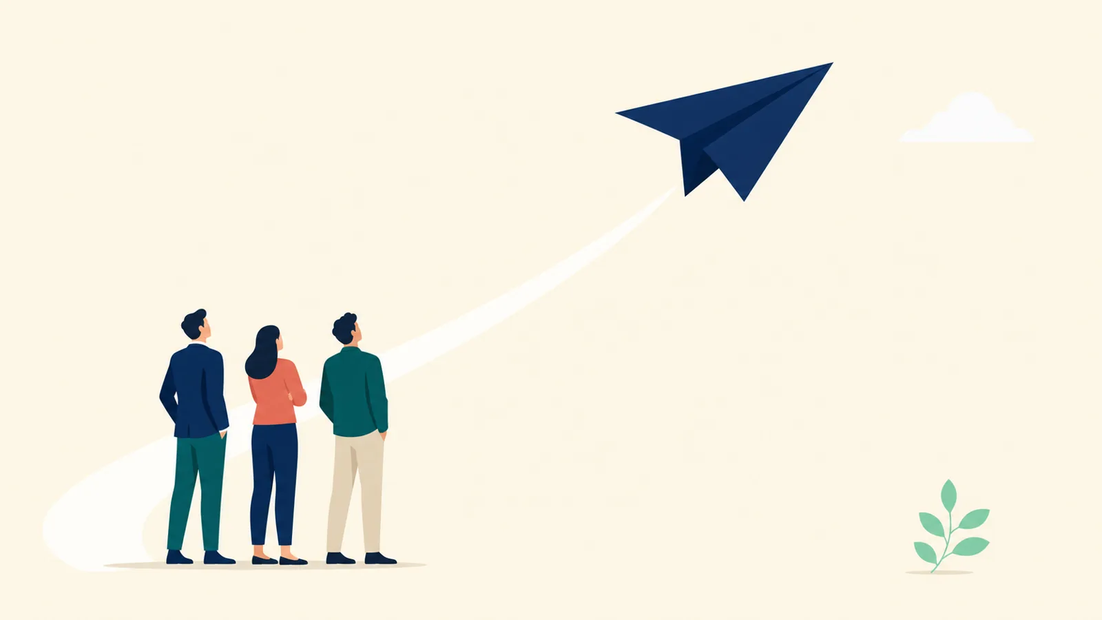 Editorial illustration of a paper airplane gliding upward, with three figures observing — flat vector, cream background.