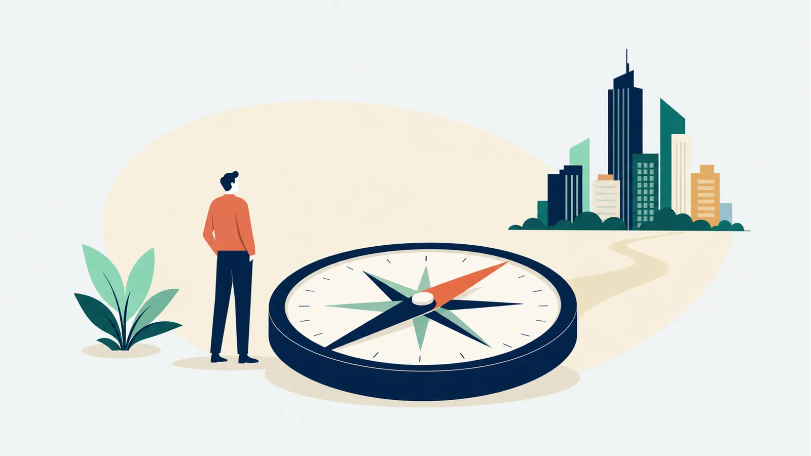 Ilustración editorial en vector plano: una figura junto a una brújula gigante frente a la silueta de la Ciudad de México, evocando cómo elegir un headhunter en CDMX.