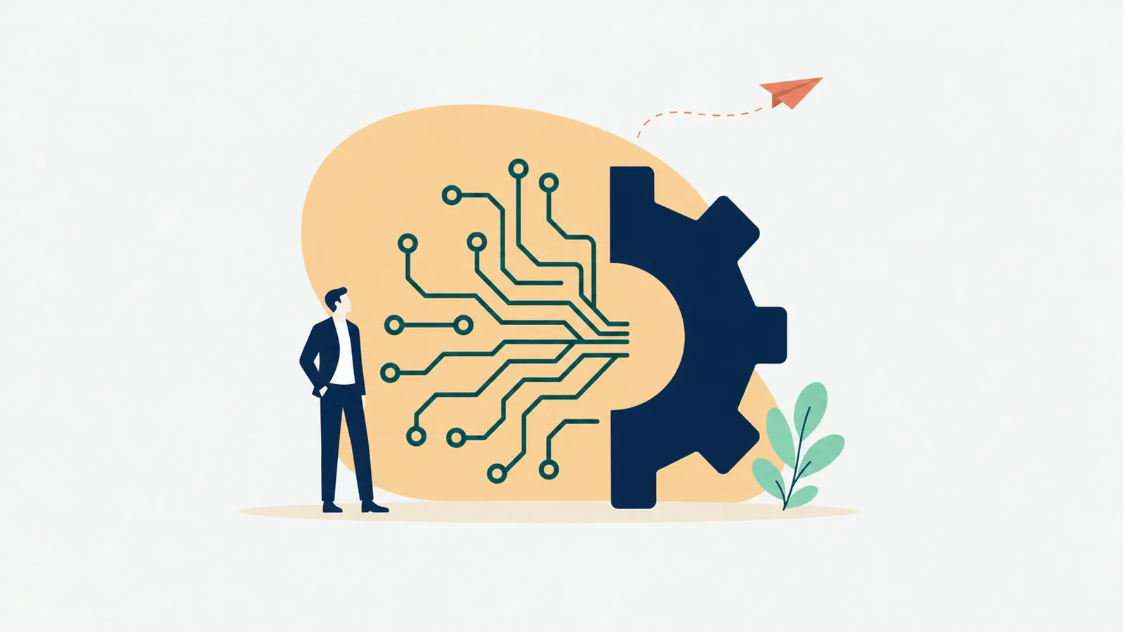 Ilustración editorial en vector plano: una figura junto a un patrón de circuito que se convierte en engrane industrial, símbolo del cruce entre tecnología y manufactura avanzada en Guadalajara.