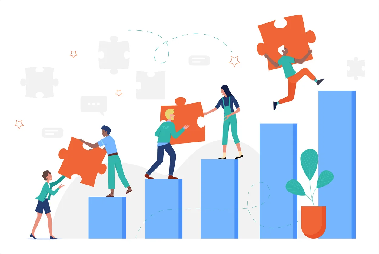 Business people climbing up stairs, holding puzzle jigsaw pieces to achieve goals