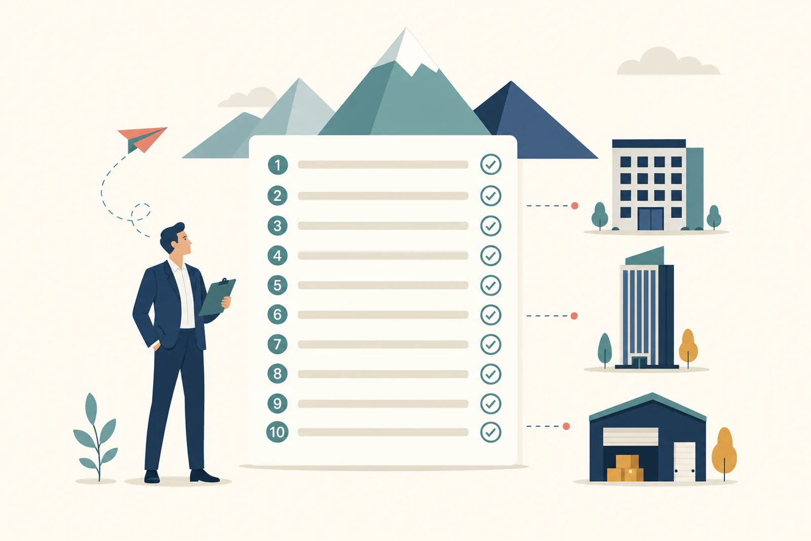 Editorial illustration of a foreign executive comparing three search firms with a decision framework and Mexico corridor map.