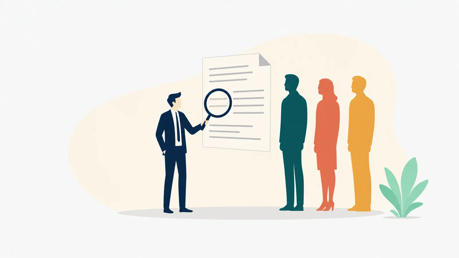 Flat vector editorial illustration of an executive holding a magnifier over a credentials sheet in front of three candidate search-firm figures, light platinum background.