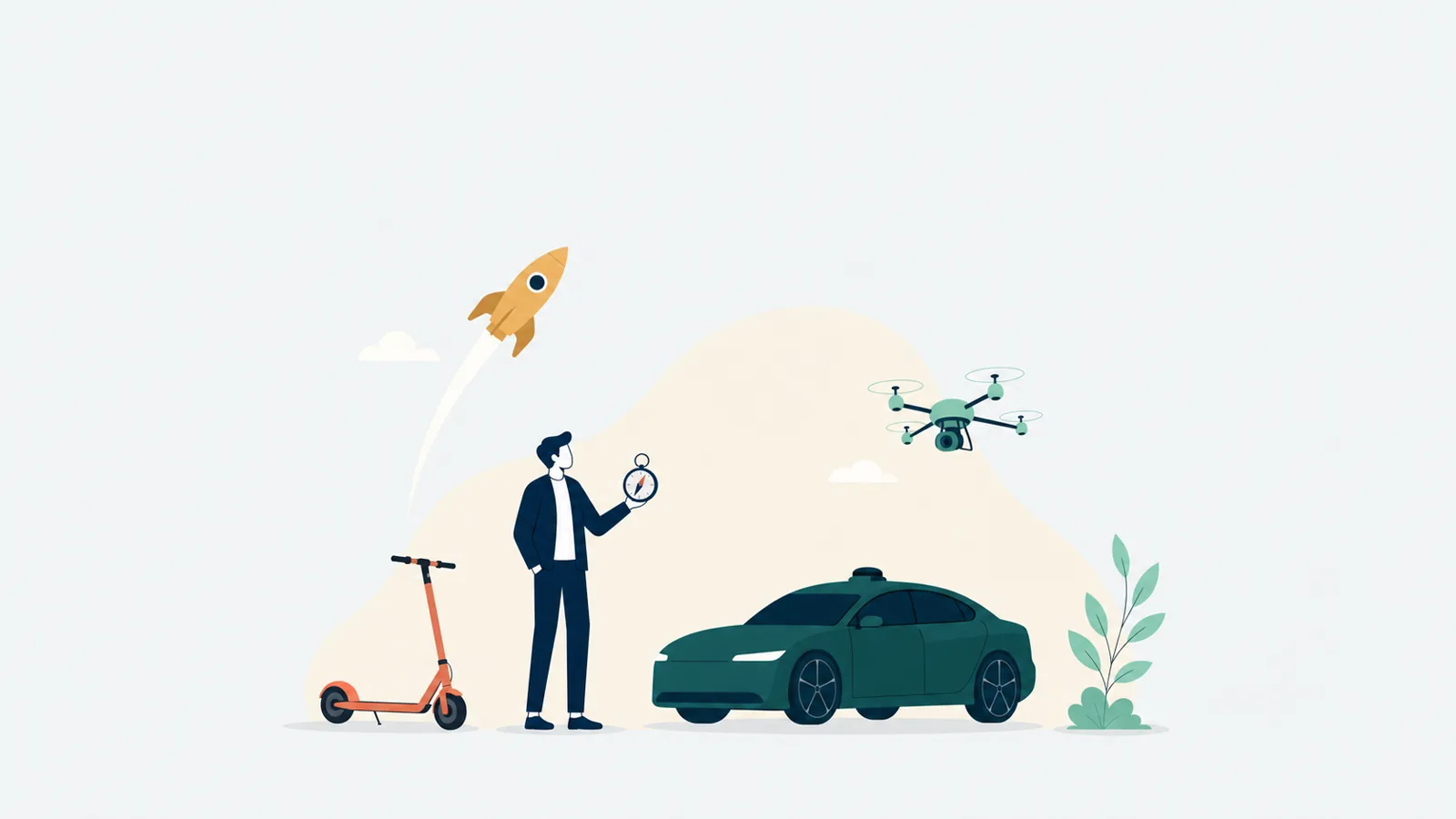 Ilustración editorial de una pequeña figura de pie entre objetos simbólicos de movilidad — un scooter, un auto autónomo, un dron y un cohete — dispuestos alrededor de una brújula central, sobre un fondo platino claro.