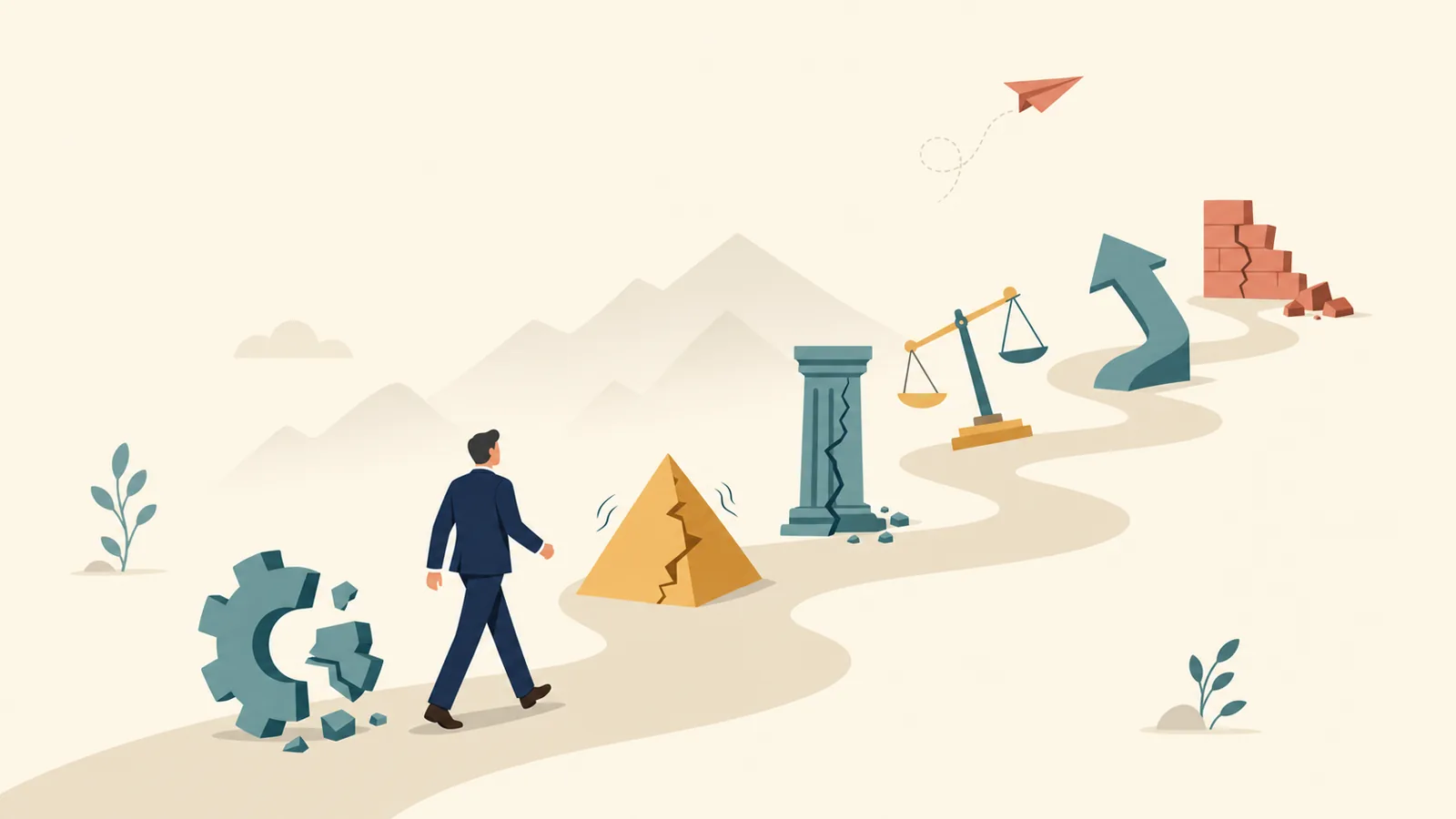 Editorial illustration of an executive walking past six numbered obstacles on a path, representing the most expensive director-level hiring mistakes.