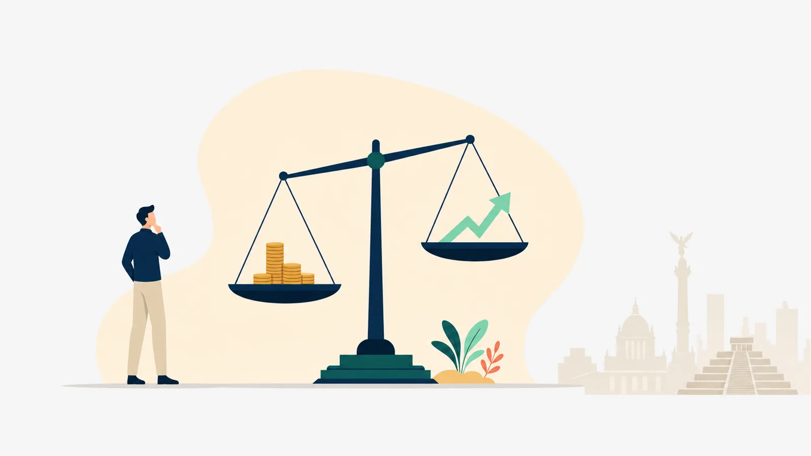 Ilustración editorial en vector plano: una figura junto a una balanza gigante — de un lado monedas, del otro una flecha de crecimiento — evocando al CFO que equilibra control y crecimiento en México.