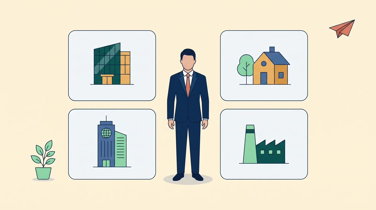 Ilustración editorial en vector plano: una figura ejecutiva en traje imperial navy en el centro rodeada de cuatro escenarios distintos — un pequeño edificio corporativo tipo private equity, una casa familiar con árbol, una torre de sede internacional, y una planta industrial nueva — sobre un fondo cream con pequeños acentos de planta y avión de papel.