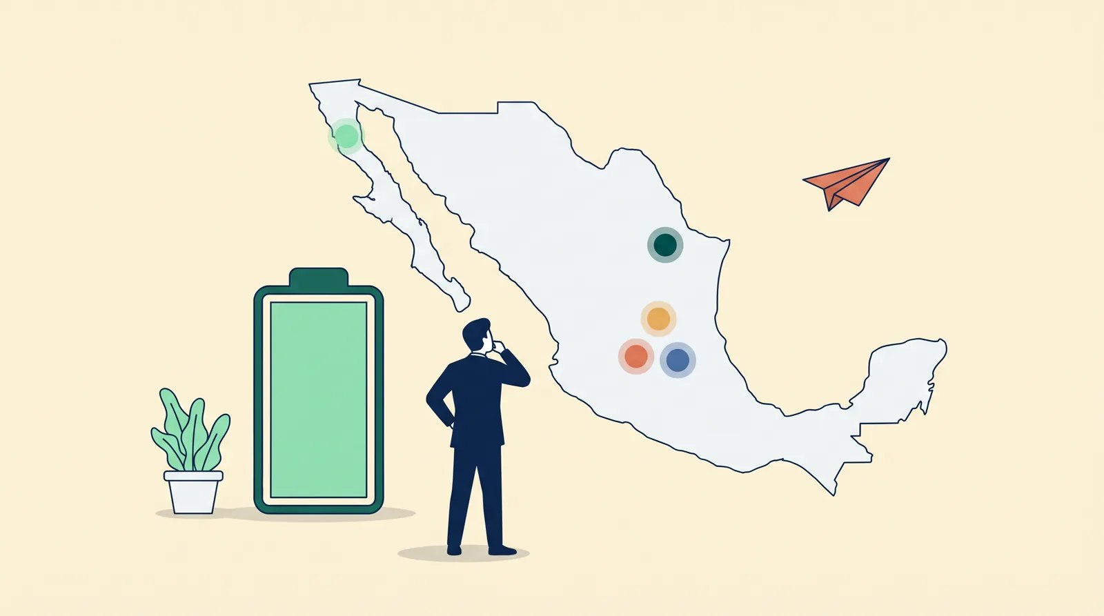 Ilustración editorial en vector plano: una figura en traje imperial navy observa un mapa estilizado de México con cinco puntos que marcan corredores automotrices (Nuevo León, San Luis Potosí, Querétaro, Baja California, Guanajuato), con una batería estilizada en verde entrepreneur y un pequeño avión de papel muted-coral en el espacio negativo.
