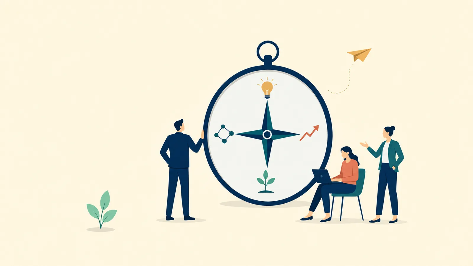 Editorial illustration of executives around a compass symbolizing the four dimensions of leadership skill in 2026